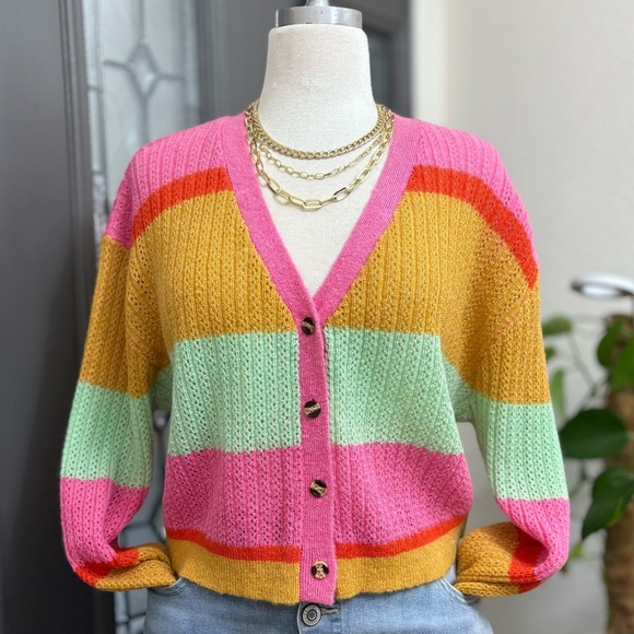 NWT Dee Elly Women’s Multi Color Striped Cropped Cardigan Sweater | Size L - Picture 2 of 12